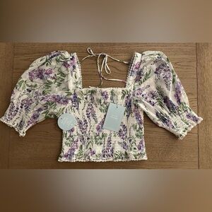 Hill House Wisteria Floral Smocked Nap Top in Cream, Lavender, Green